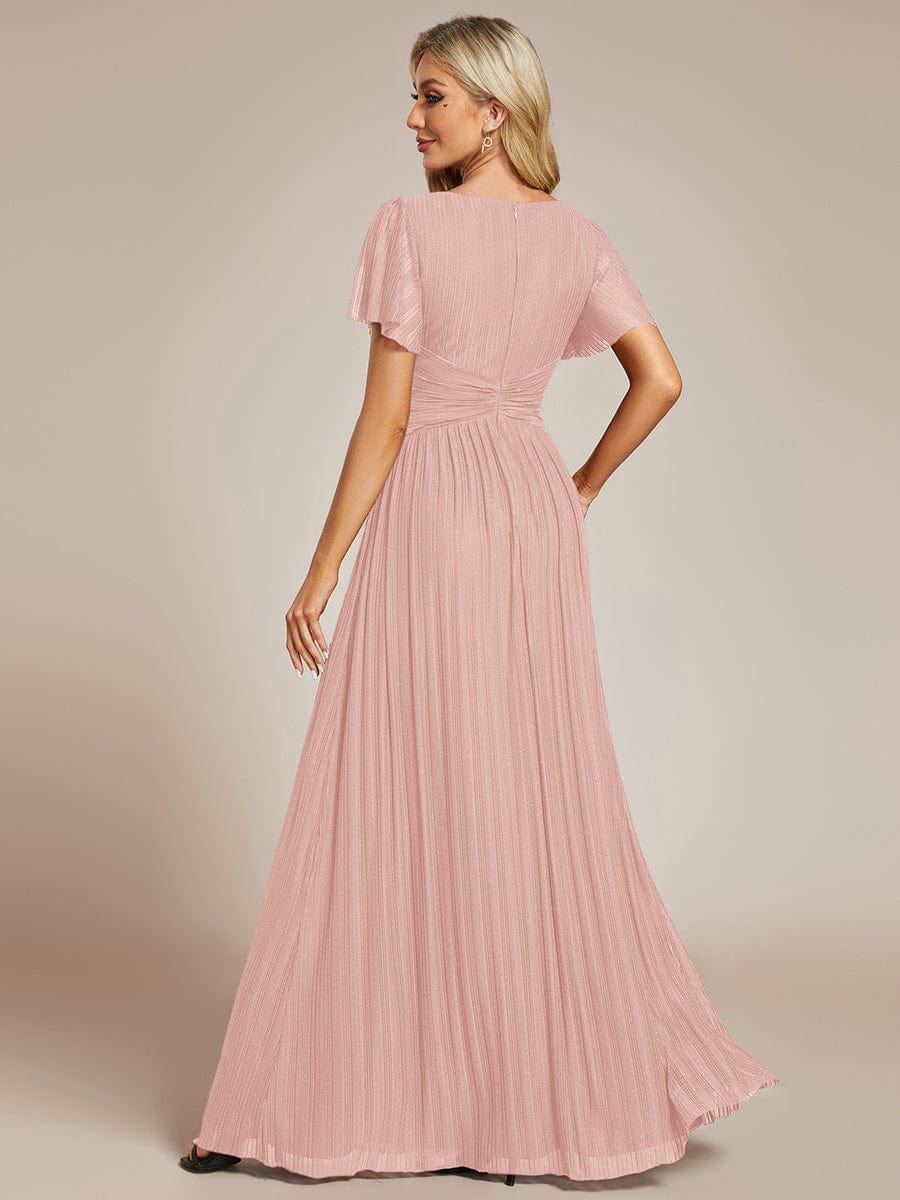 V-Neck Glittery Short Sleeves Formal Evening Dress with Empire Waist #color_Pink
