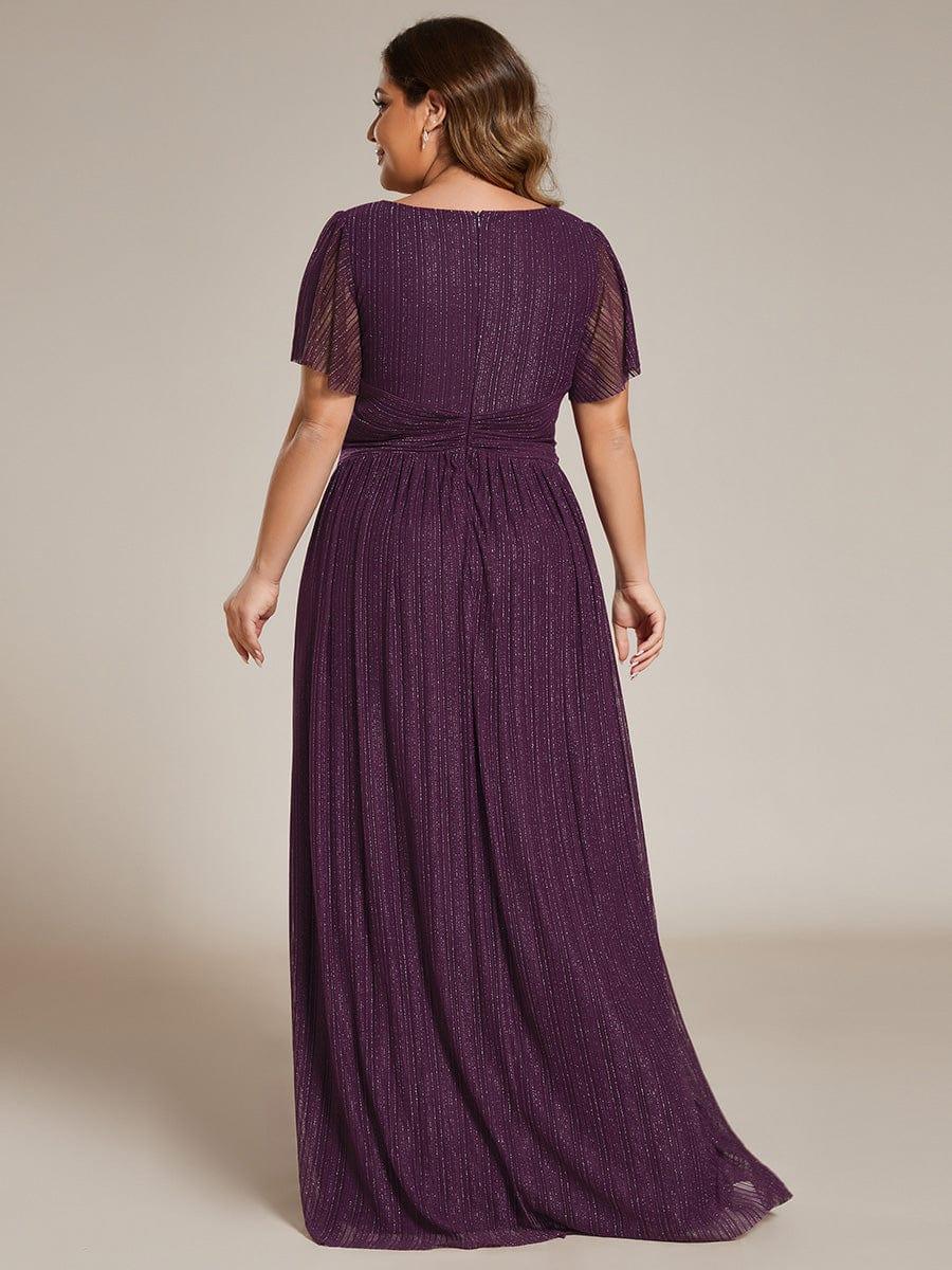 V-Neck Glittery Short Sleeves Formal Evening Dress with Empire Waist #color_Purple Wisteria