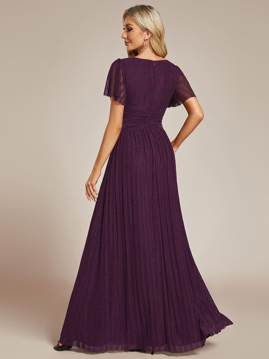 V-Neck Glittery Short Sleeves Formal Evening Dress with Empire Waist