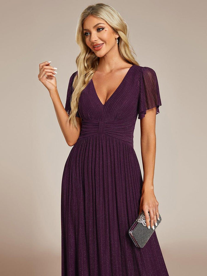 Glittery Empire Waist Short Sleeves Formal Evening Dress with V-Neck
