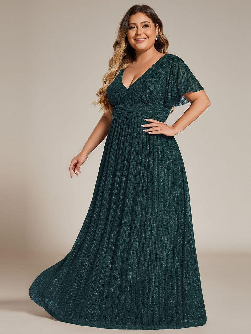 Glittery Empire Waist Short Sleeves Plus Size Formal Evening Dress with