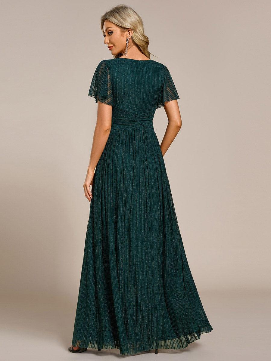V-Neck Glittery Short Sleeves Formal Evening Dress with Empire Waist #color_Teal