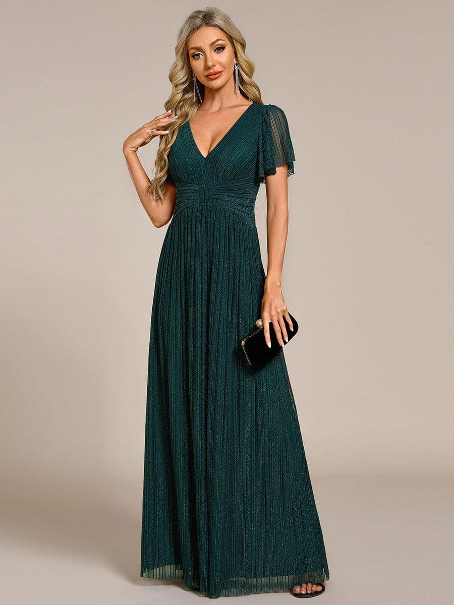 V-Neck Glittery Short Sleeves Formal Evening Dress with Empire Waist #color_Teal