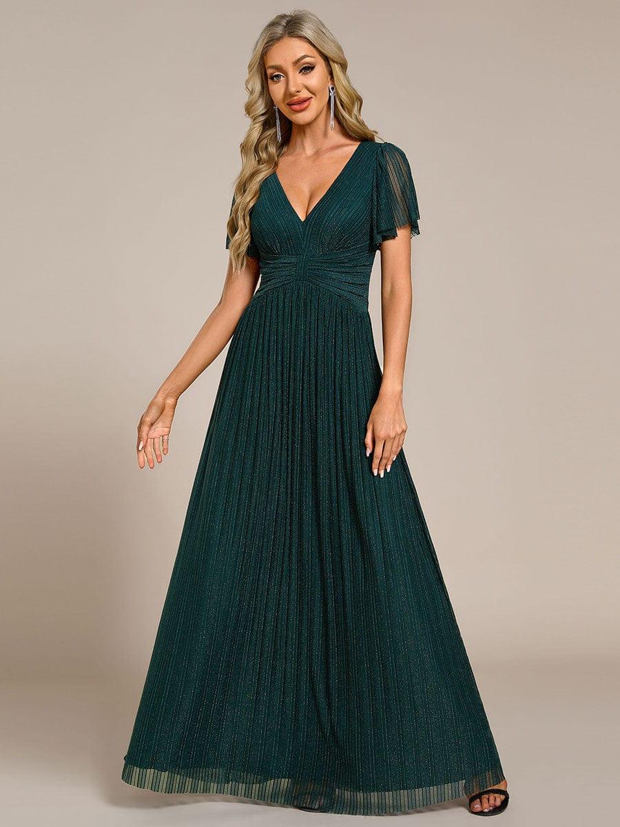 V-Neck Glittery Short Sleeves Formal Evening Dress with Empire Waist #color_Teal