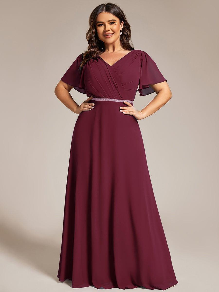 Plus Size Pleated A-Line Shiny Belt Chiffon Formal Evening Dress #color_Burgundy