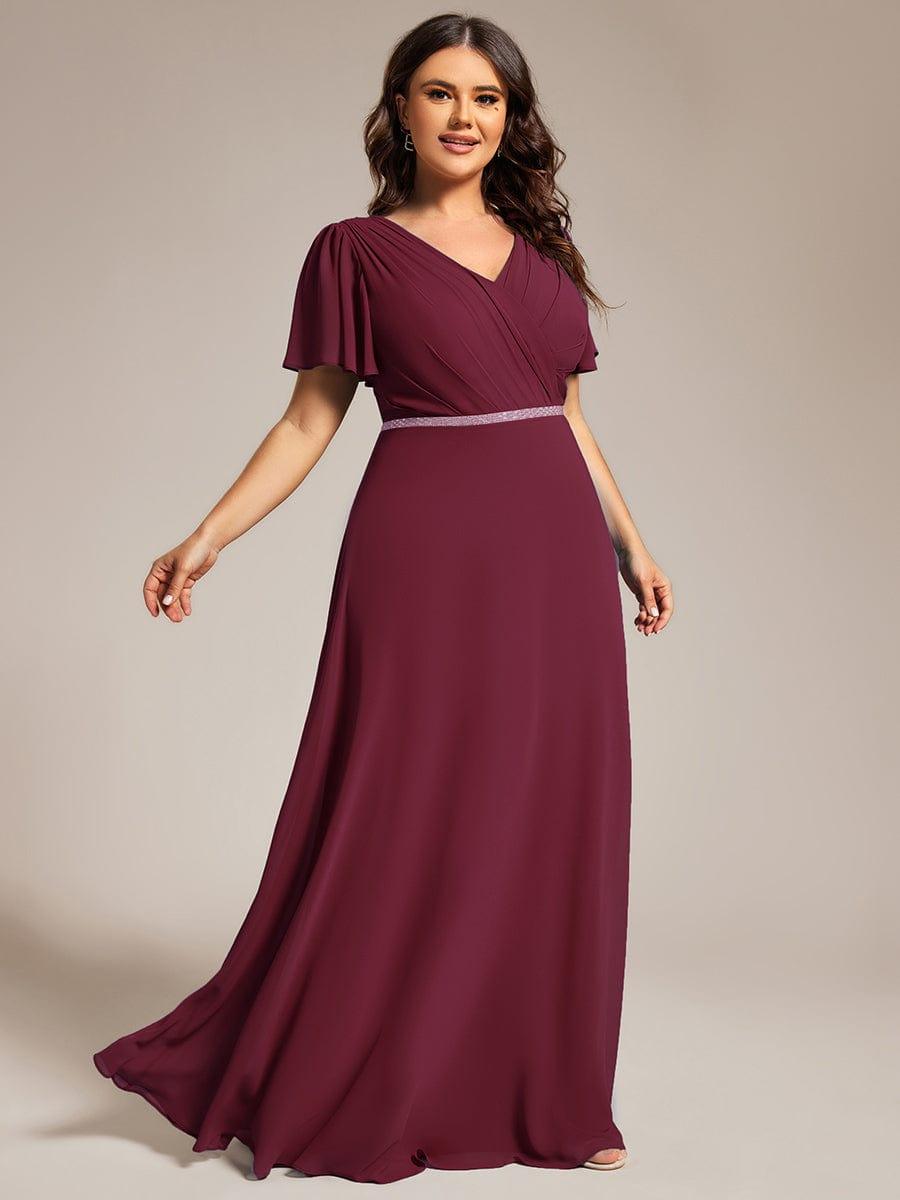 Plus Size Pleated A-Line Shiny Belt Chiffon Formal Evening Dress #color_Burgundy