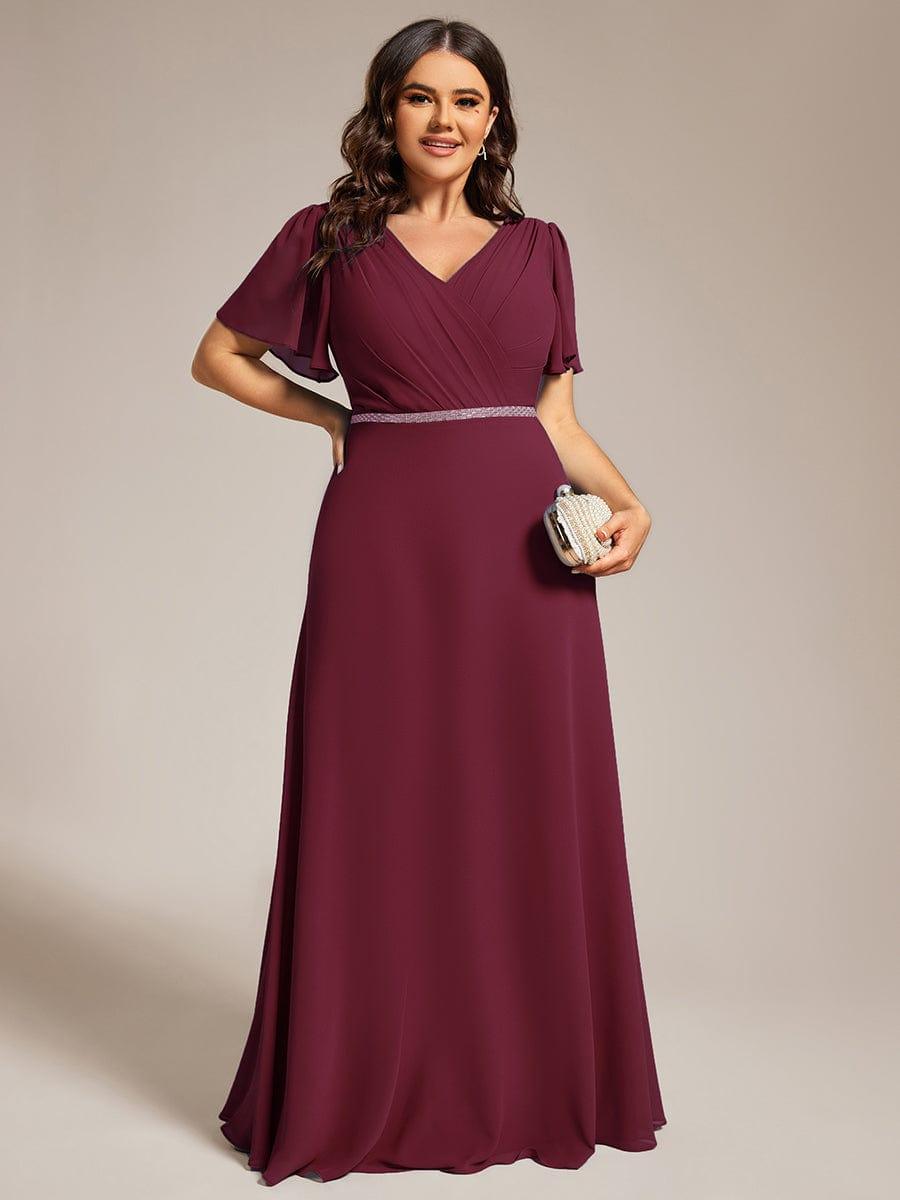 Plus Size Pleated A-Line Shiny Belt Chiffon Formal Evening Dress #color_Burgundy