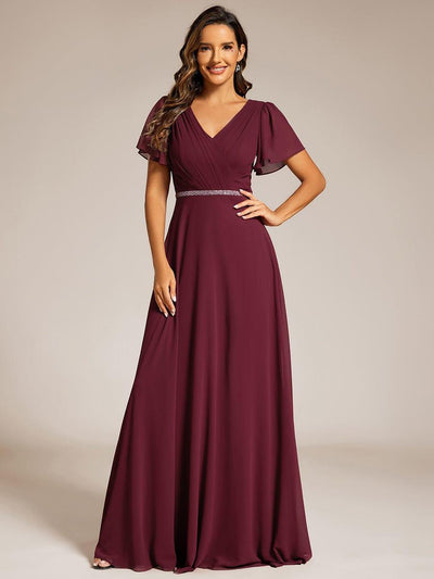 Pleated A-Line Chiffon Evening Dress with Short Sleeves and Sequin Waist #color_Burgundy