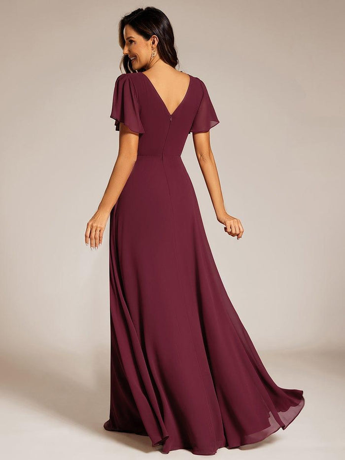 A-line Short Sleeves Lace Top Pleated Chiffon Dress Clover
