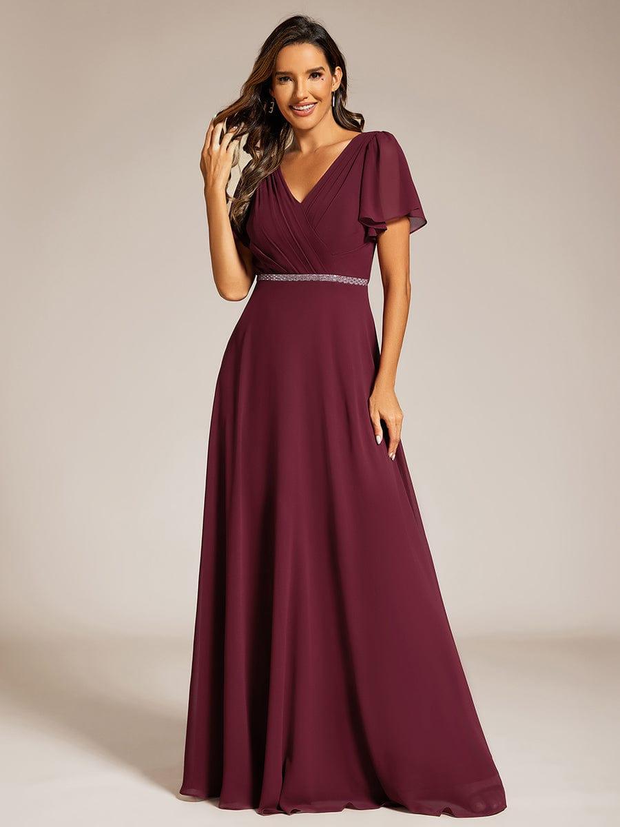 Pleated A-Line Chiffon Evening Dress with Short Sleeves and Sequin Waist #color_Burgundy