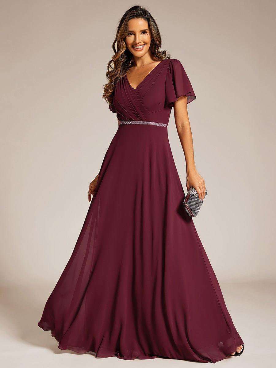 Pleated A-Line Chiffon Evening Dress with Short Sleeves and Sequin Waist #color_Burgundy