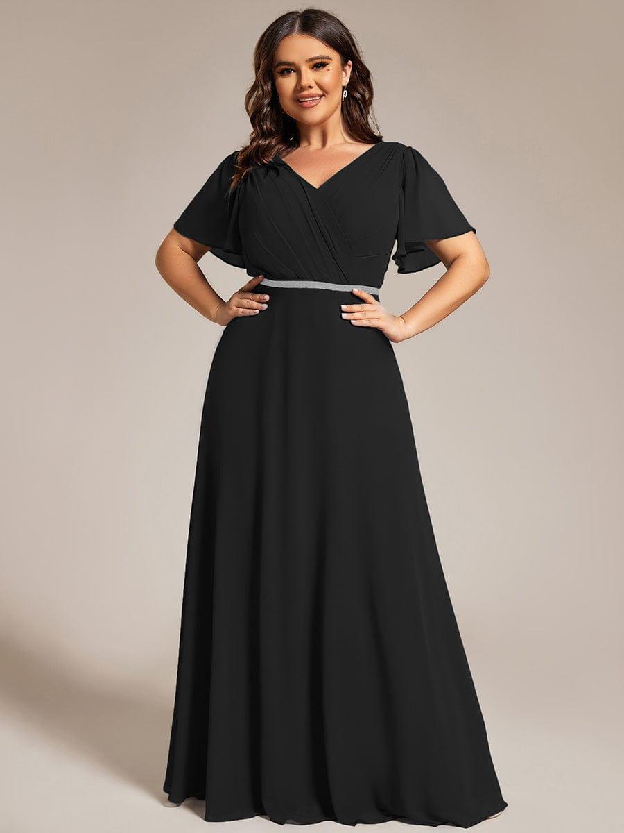 Plus Size Pleated A-Line Shiny Belt Chiffon Formal Evening Dress #color_Black
