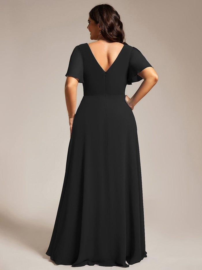 A-Line Pleated Chiffon Dress with V-Neck Royal Blue Plus Size