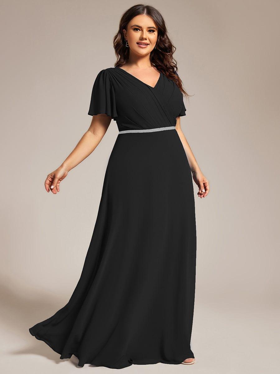 Plus Size Pleated A-Line Shiny Belt Chiffon Formal Evening Dress #color_Black