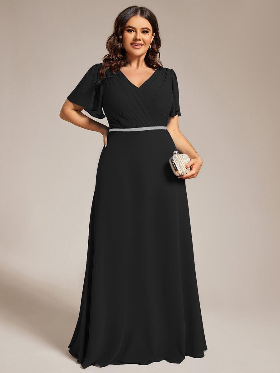 Plus Size Pleated A-Line Shiny Belt Chiffon Formal Evening Dress #color_Black