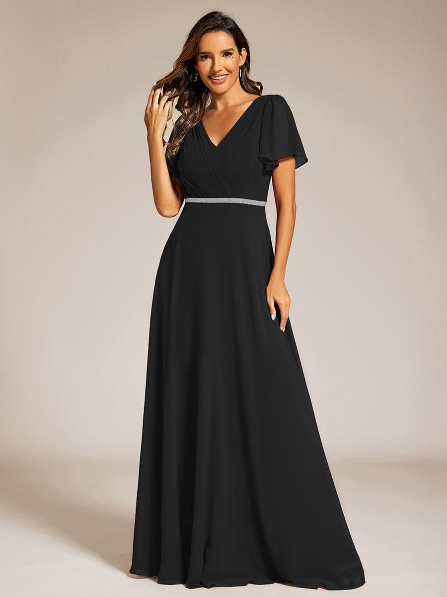 Pleated A-Line Chiffon Evening Dress with Short Sleeves and Sequin Waist #color_Black