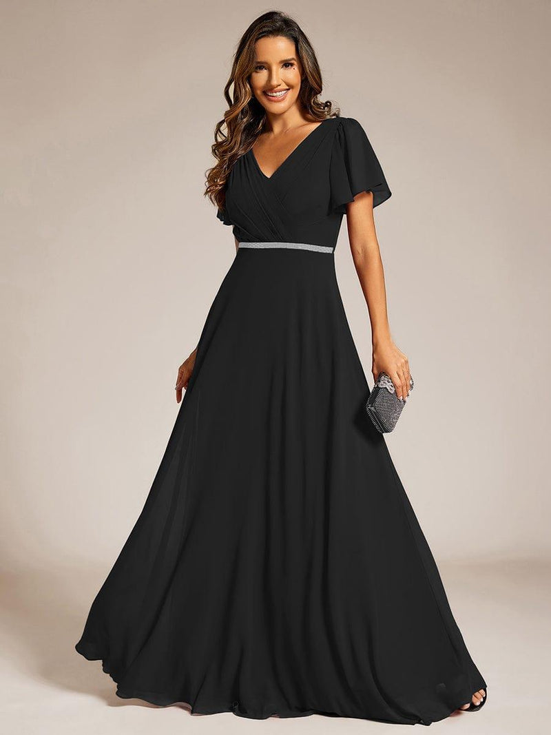 A-Line Pleated Chiffon Dress with Long Sleeves Plum