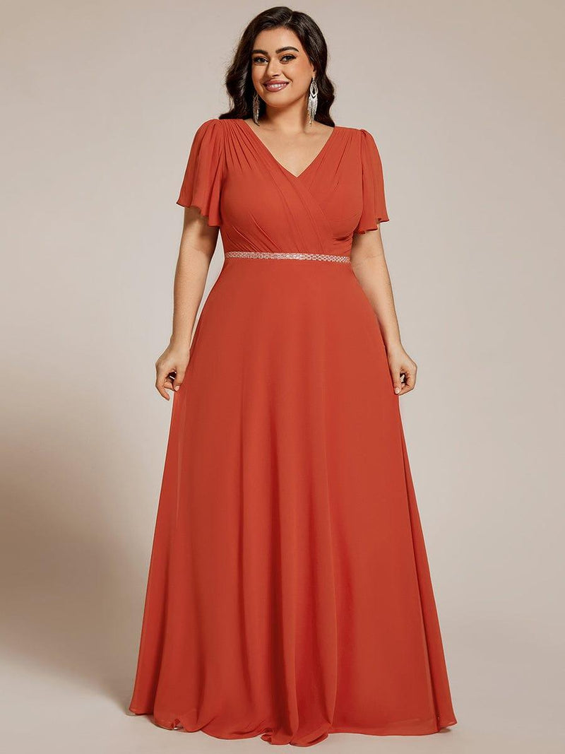 Pleated A-Line Chiffon Evening Dress with Short Sleeves