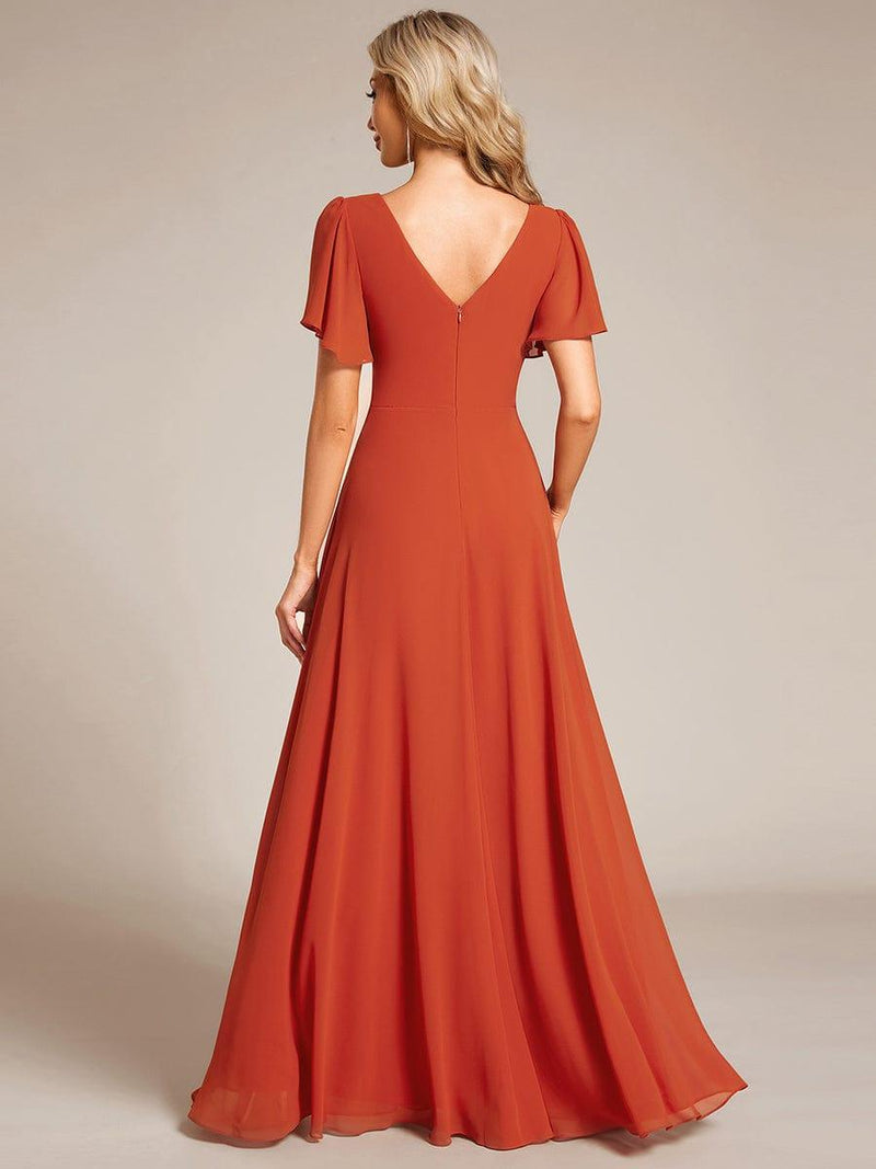 Pleated A-Line Chiffon Evening Dress with Short Sleeves