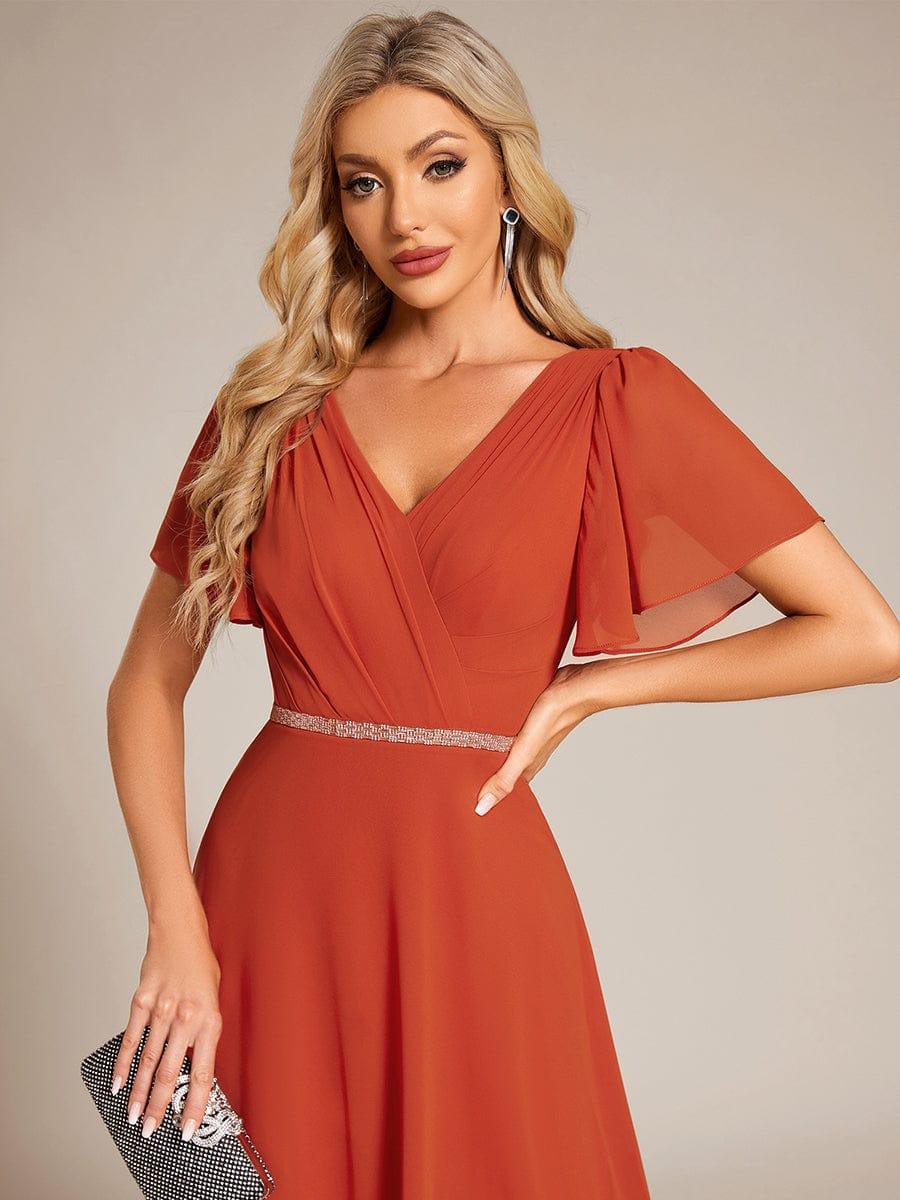 Pleated A-Line Chiffon Evening Dress with Short Sleeves and Sequin Waist #color_Burnt Orange