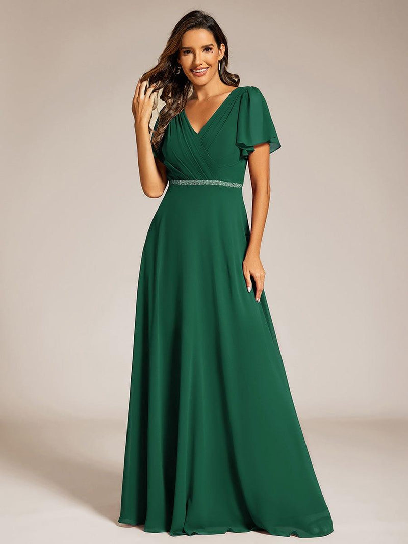 Pleated A-Line Chiffon Evening Dress with Short Sleeves