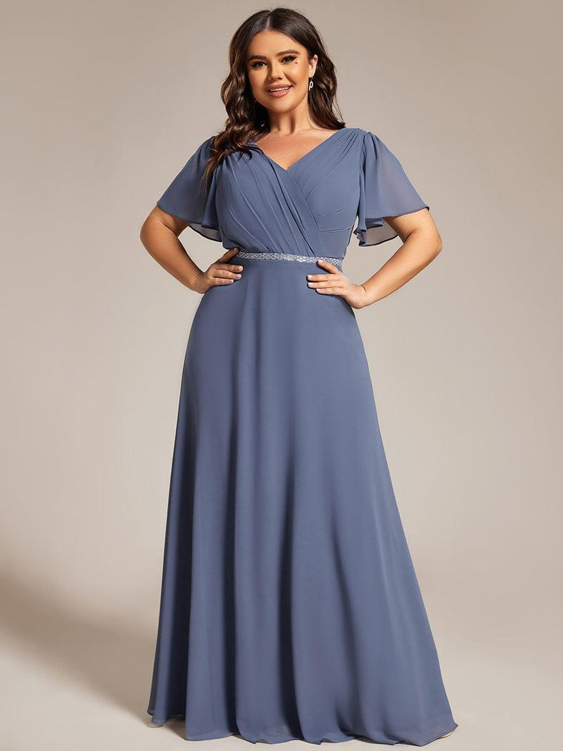 Elegant Plus Size Pleated A-Line Chiffon Evening Dress with Shiny Belt