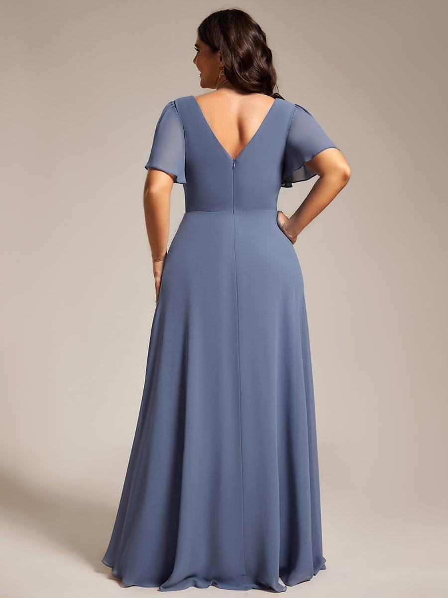 Pleated A-Line Chiffon Evening Dress with Short Sleeves and Sequin Waist #color_Dusty Blue