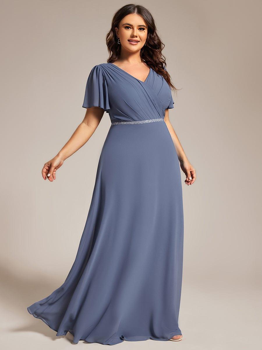 Plus Size Pleated A-Line Shiny Belt Chiffon Formal Evening Dress #color_Dusty Blue
