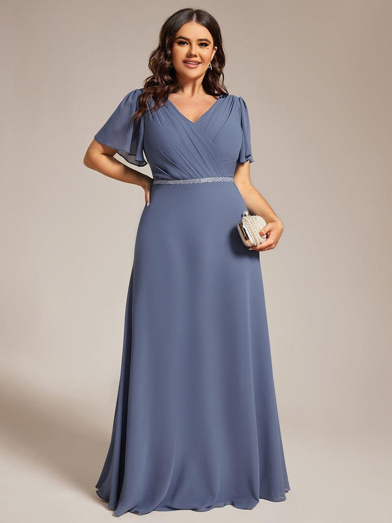 Pleated A-Line Chiffon Evening Dress with Short Sleeves