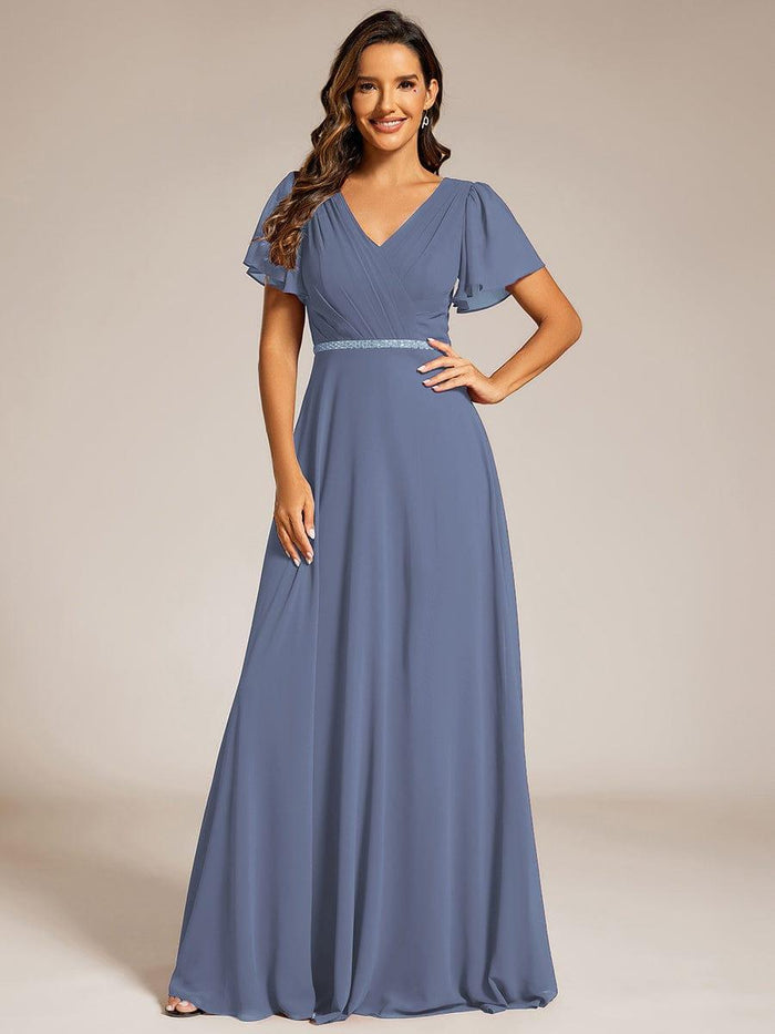 A-Line Pleated Chiffon Dress with Long Sleeves Sage