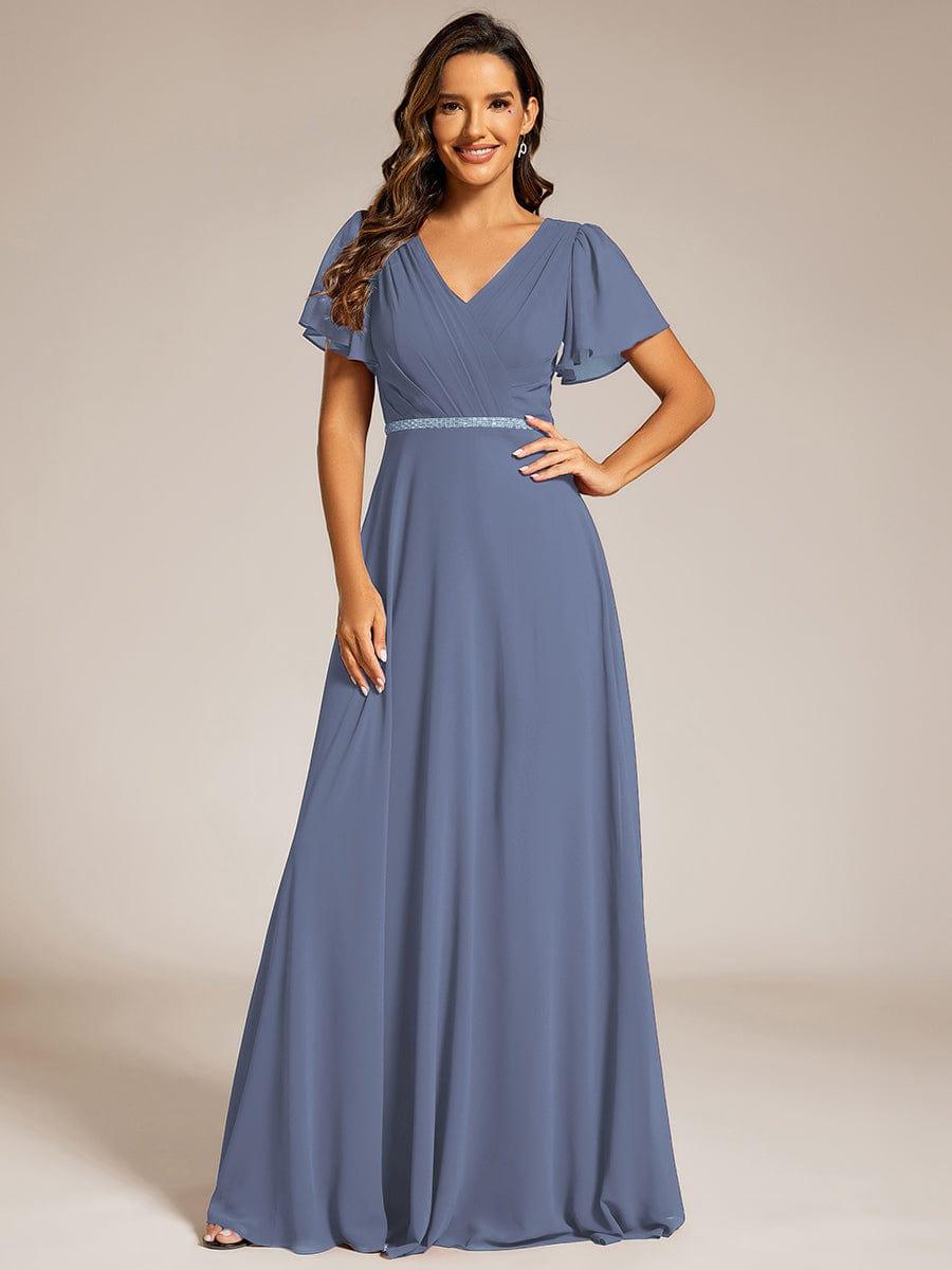 Pleated A-Line Chiffon Evening Dress with Short Sleeves and Sequin Waist #color_Dusty Blue