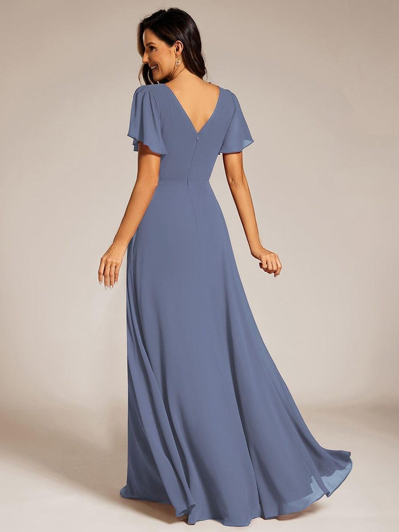 Pleated A-Line Chiffon Evening Dress with Short Sleeves