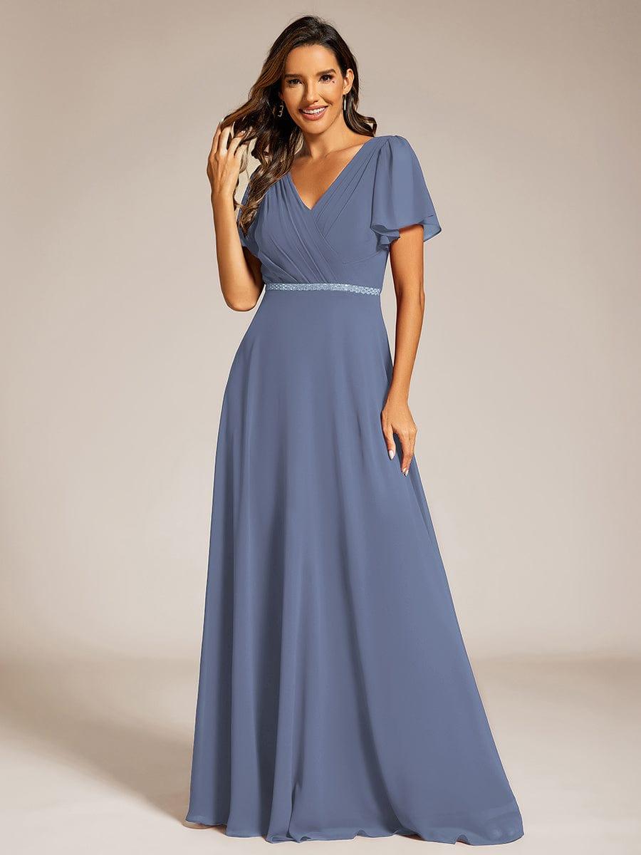 Pleated A-Line Chiffon Evening Dress with Short Sleeves and Sequin Waist #color_Dusty Blue