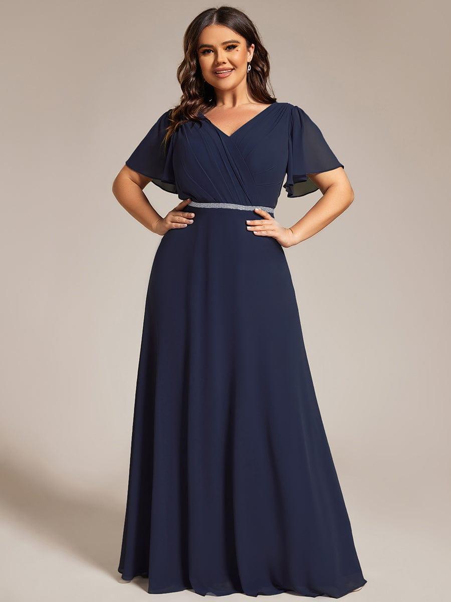 Plus Size Pleated A-Line Shiny Belt Chiffon Formal Evening Dress #color_Navy Blue