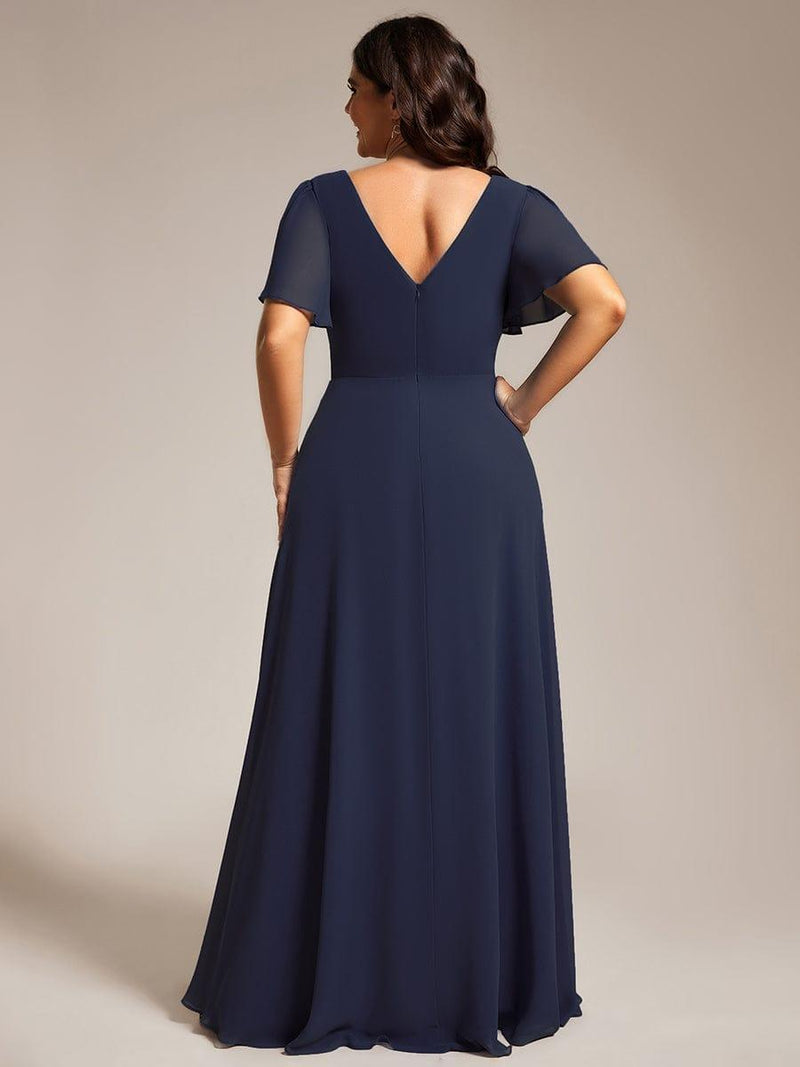 Pleated A-Line Chiffon Evening Dress with Short Sleeves