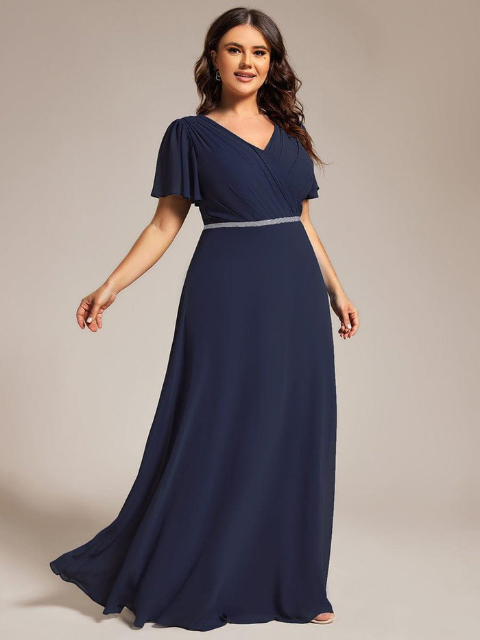 Elegant Plus Size Pleated A-Line Chiffon Evening Dress with Shiny Belt