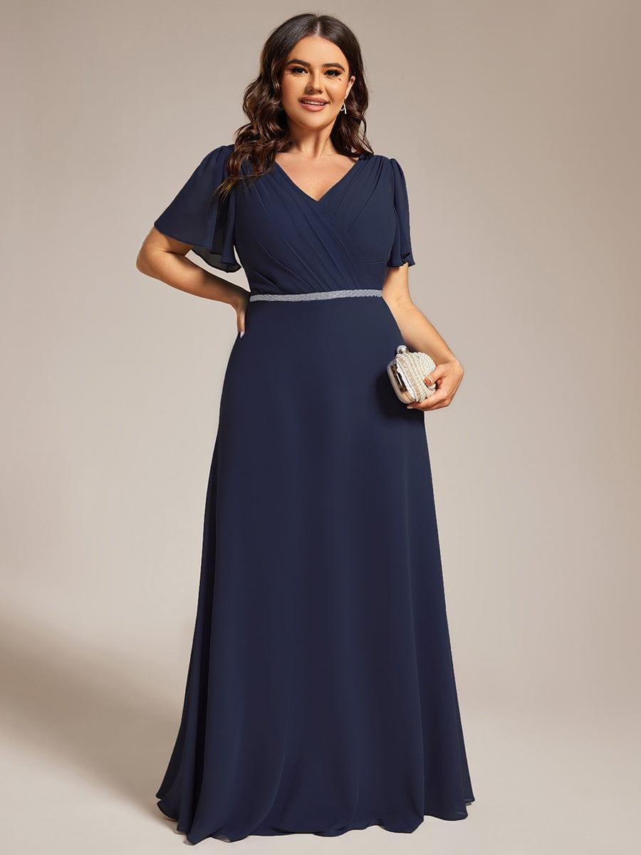 Plus Size Pleated A-Line Shiny Belt Chiffon Formal Evening Dress #color_Navy Blue