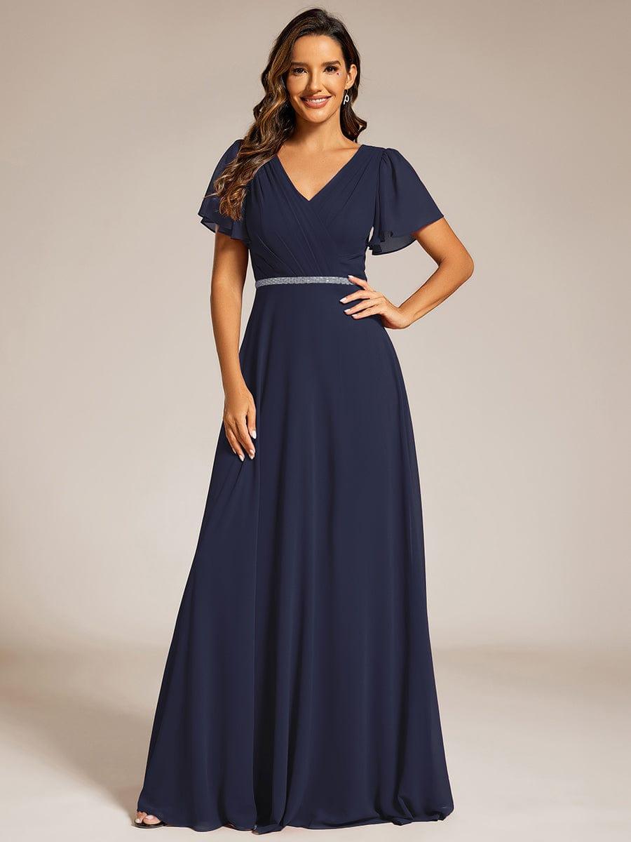 Pleated A-Line Chiffon Evening Dress with Short Sleeves and Sequin Waist #color_Navy Blue