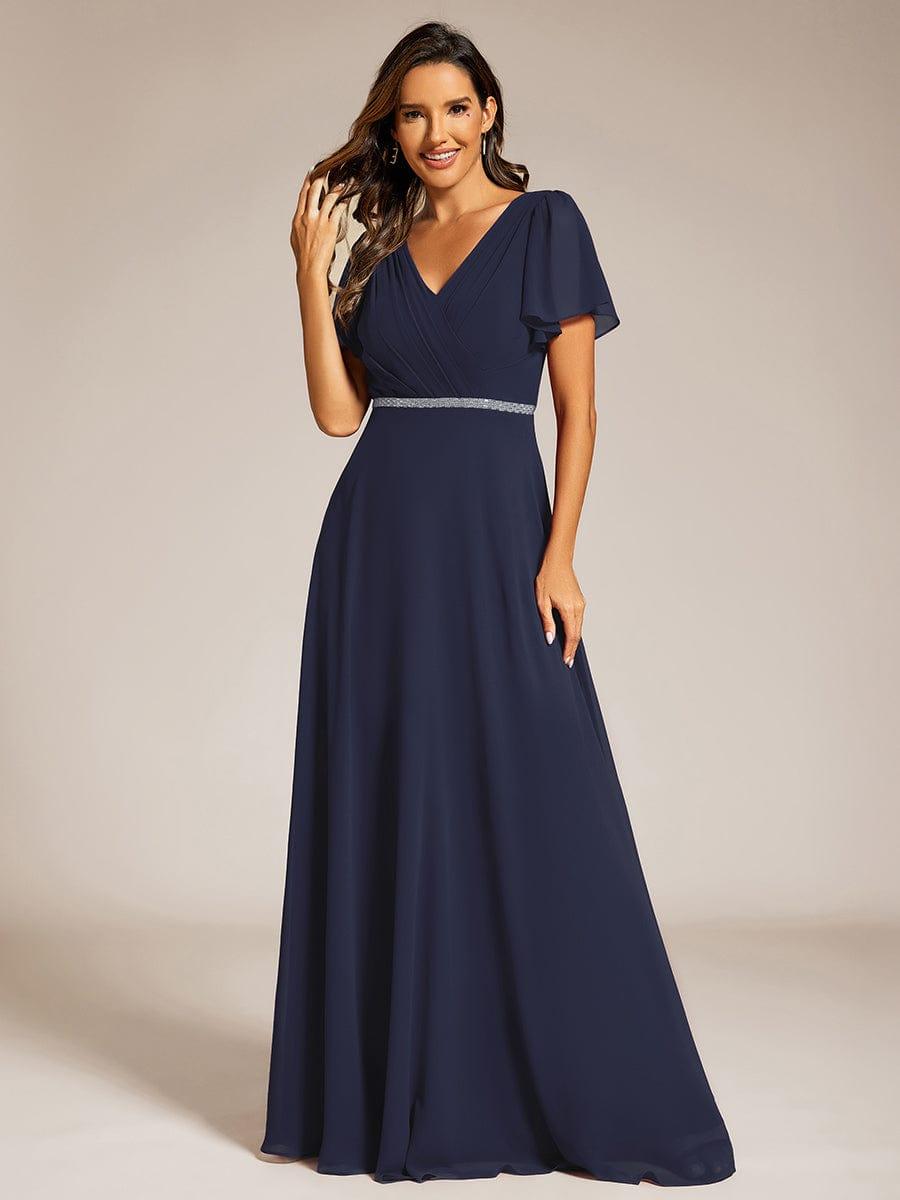 Pleated A-Line Chiffon Evening Dress with Short Sleeves and Sequin Waist #color_Navy Blue