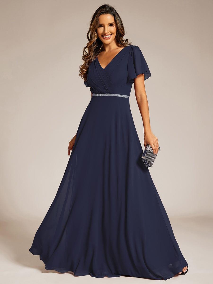 Pleated A-Line Chiffon Evening Dress with Short Sleeves and Sequin Waist #color_Navy Blue