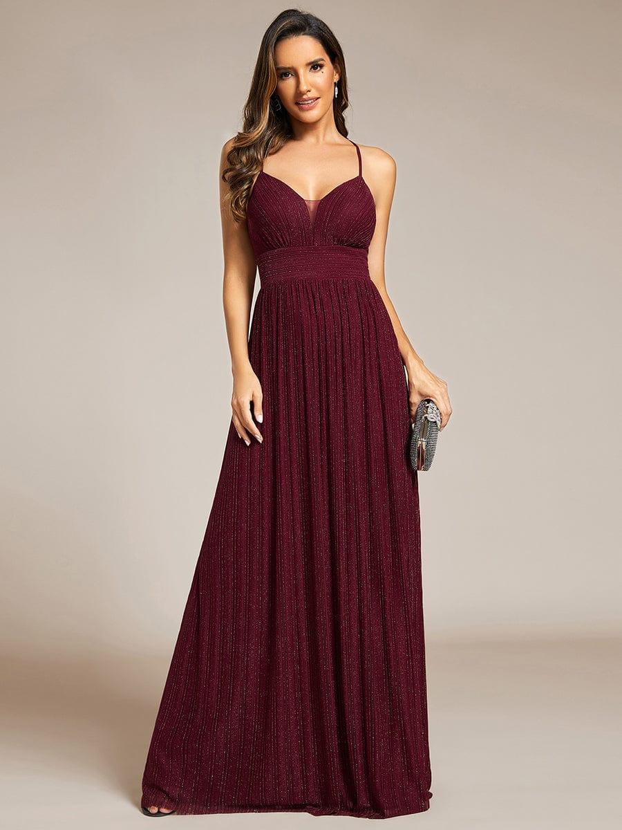 Spaghetti Straps Shimmery V-Neck Backless Evening Dress with Pleating