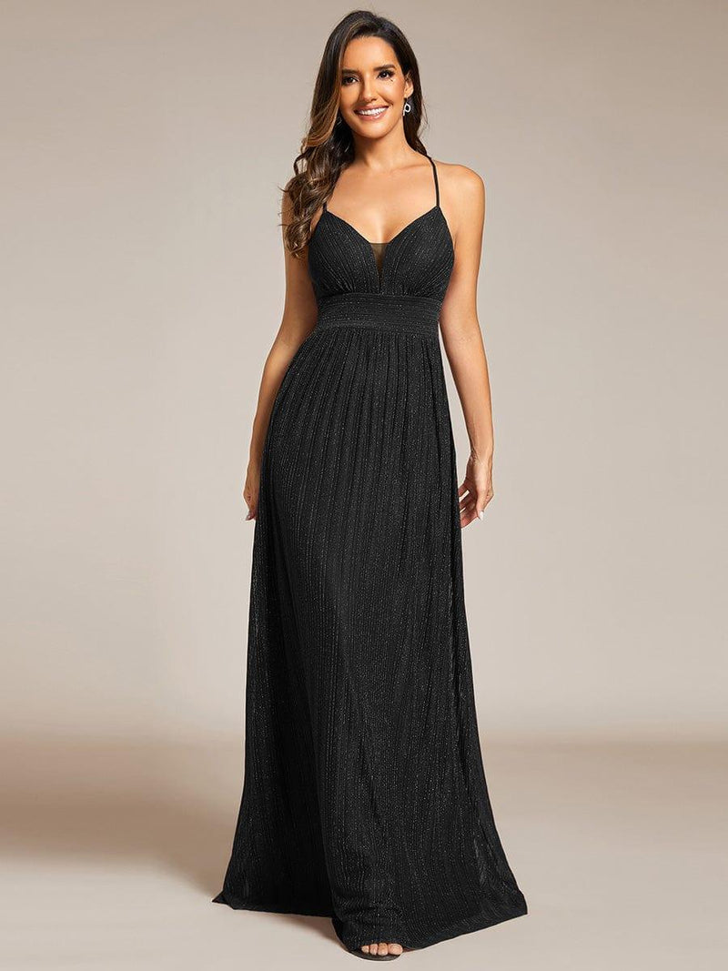 Spaghetti Straps Black Glitter V-Neck Sleeveless Formal Dresses main image 1