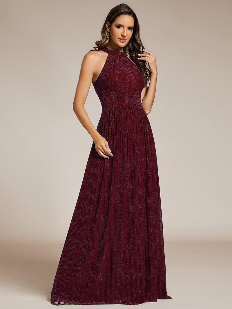 Glittery Empire Waist Halter Neck Formal Evening Dress with Pleated