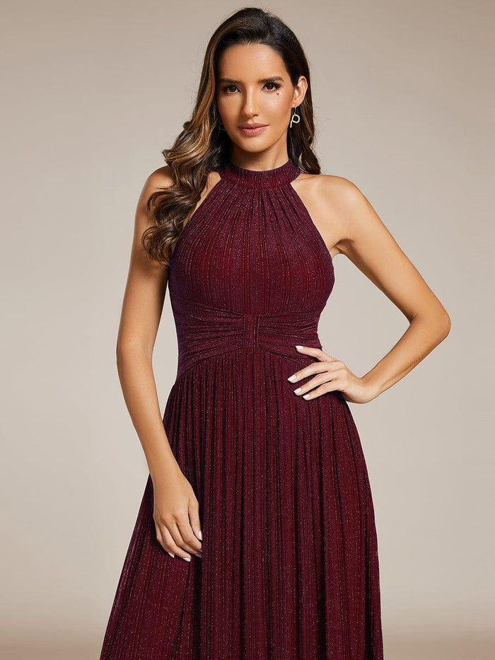 Glittery Empire Waist Halter Neck Formal Evening Dress with Pleated