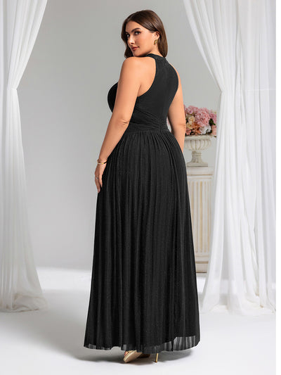 Plus Size Glittery Halter Neck Pleated Formal Evening Dress #color_Black