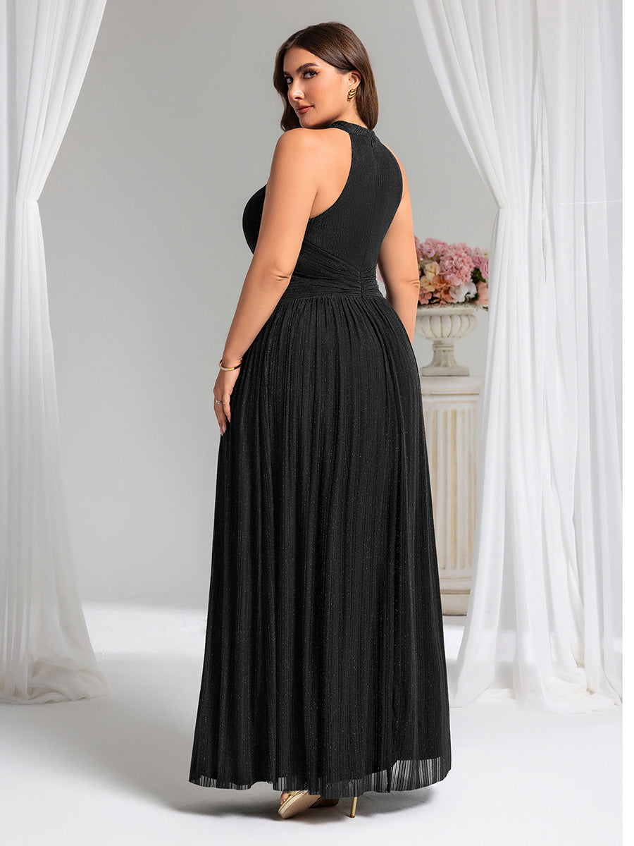 Plus Size Glittery Halter Neck Pleated Formal Evening Dress #color_Black