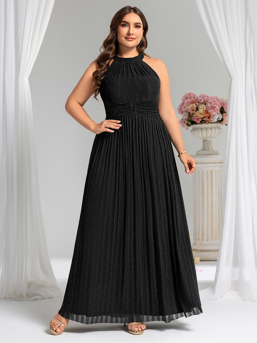 Plus Size Glittery Halter Neck Pleated Formal Evening Dress #color_Black