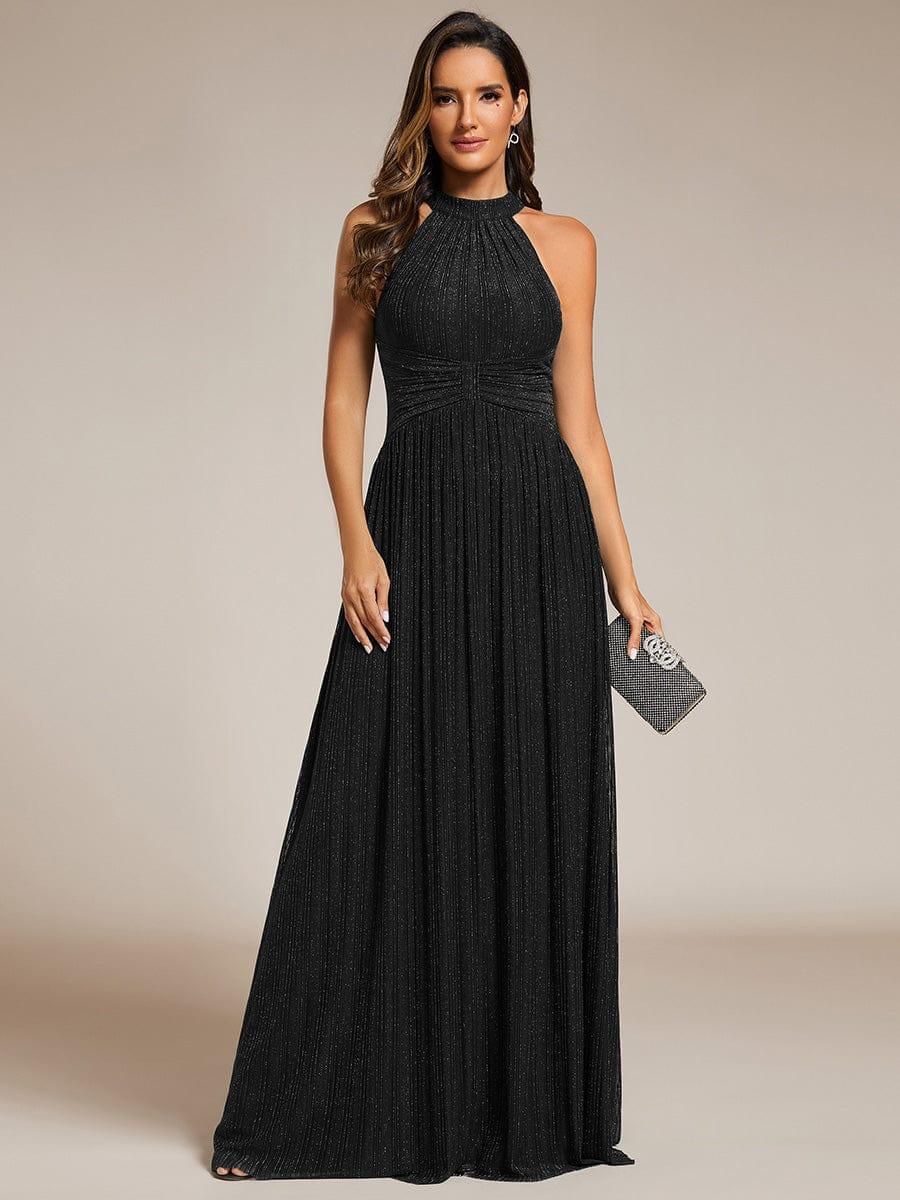 Halter Neck Pleated Glittery Formal Evening Dress with Empire Waist #color_Black