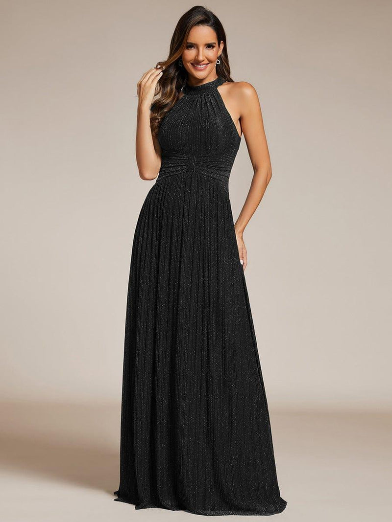 Glittery Empire Waist Halter Neck Formal Evening Dress with Pleated