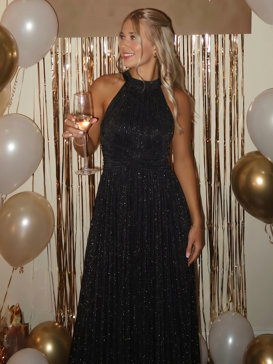 Halter Neck Pleated Glittery Formal Evening Dress with Empire Waist #color_Black
